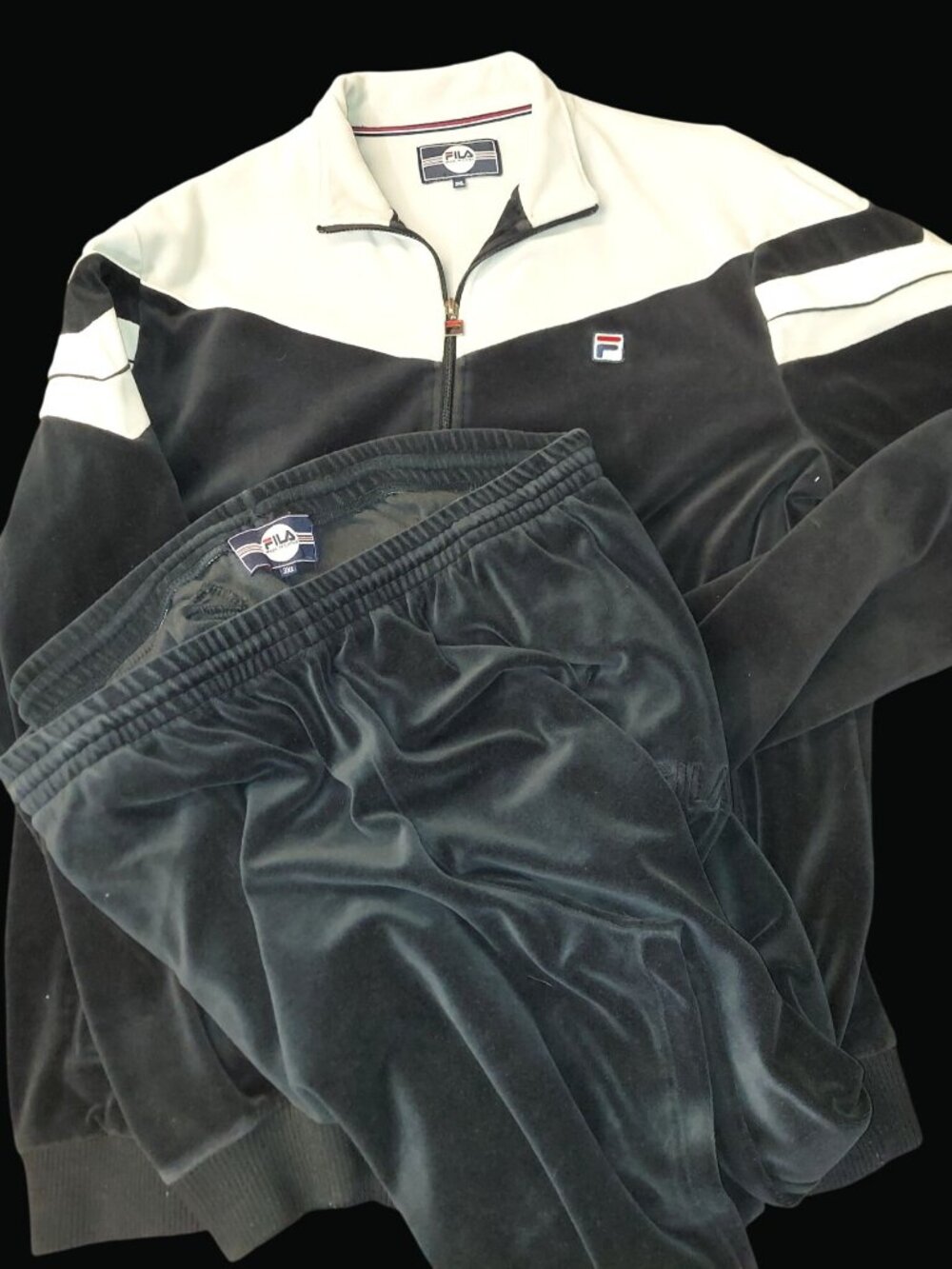 Fila Mens 3XL Black & White Velour Tracksuit Set Jacket & Pants